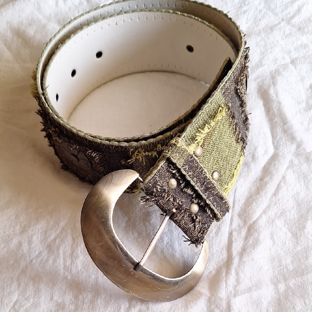 Distressed Olive Green Canvas Belt with  Crescent Buckle And Medallion Accents